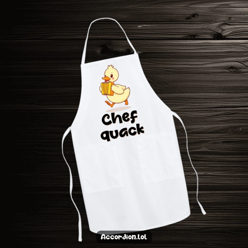 Funny duck apron with a yellow duck waddling quickly mid-hop, playing a bright yellow accordion, ready for kitchen duty.