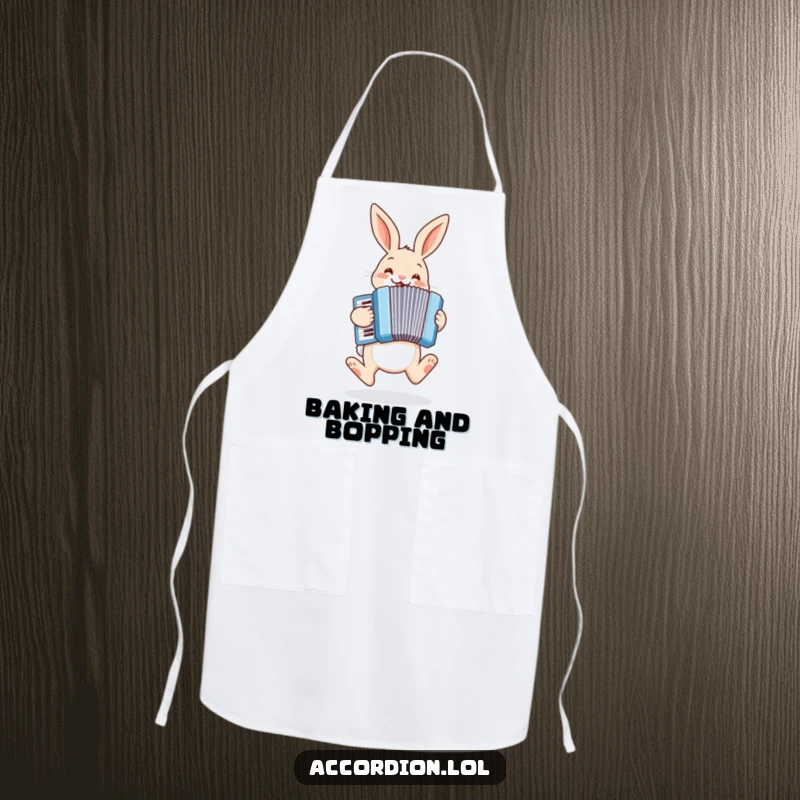 Funny bunny apron with a cheerful bunny hopping and playing a pastel blue accordion, ready for kitchen duty.