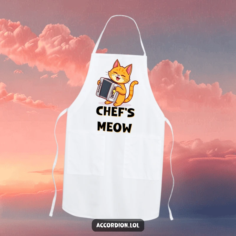 Funny orange cat wearing an apron and playing a shiny silver accordion, perfect for a musical kitchen.