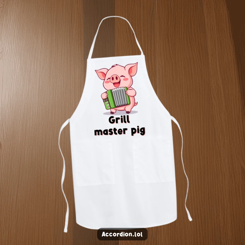 Funny pink pig wearing an apron and playing a cheerful green accordion, perfect for a musical kitchen.