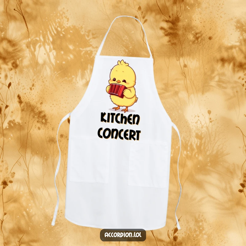 Funny yellow chick wearing an apron and playing a tiny red accordion, making cooking and baking tasks fun.