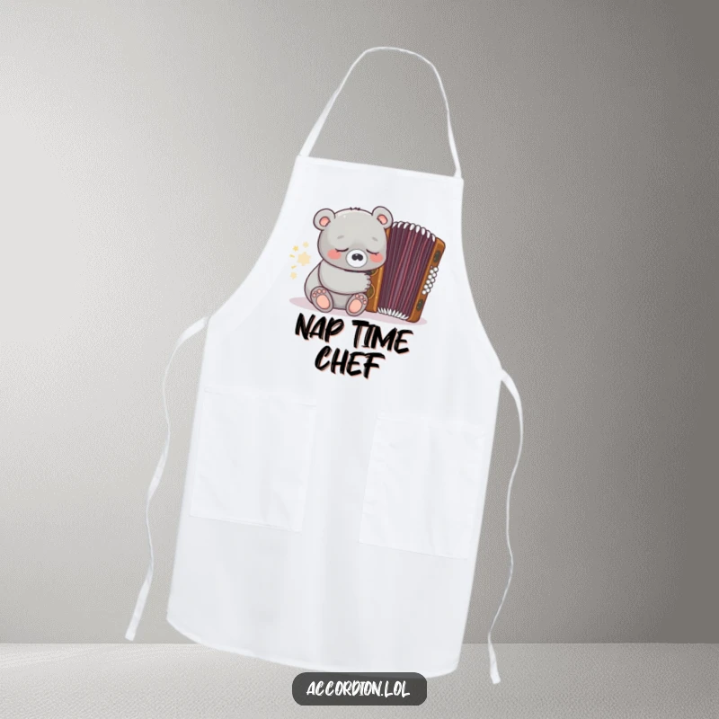 Funny grey bear wearing an apron and sleeping near a closed ornate brown accordion, perfect for a peaceful kitchen.