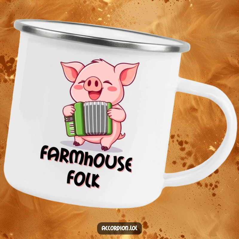 Funny pink pig musician playing a cheerful green accordion on a durable camping mug, ideal for outdoor adventures.