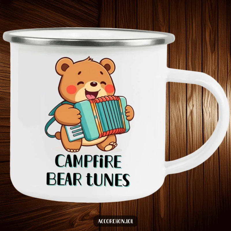 Funny Bear Accordion Camping Mug with a smiling bear playing an accordion, perfect for outdoor use and music appreciation.