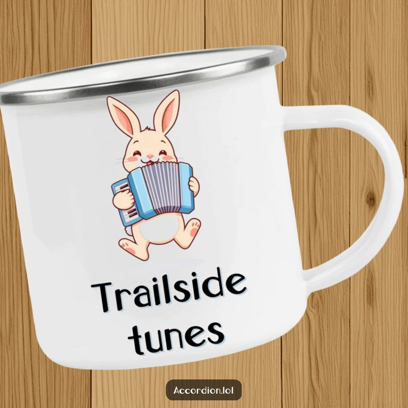 Funny bunny camping mug showing a cheerful bunny hopping and playing a pastel blue accordion, perfect for campers.