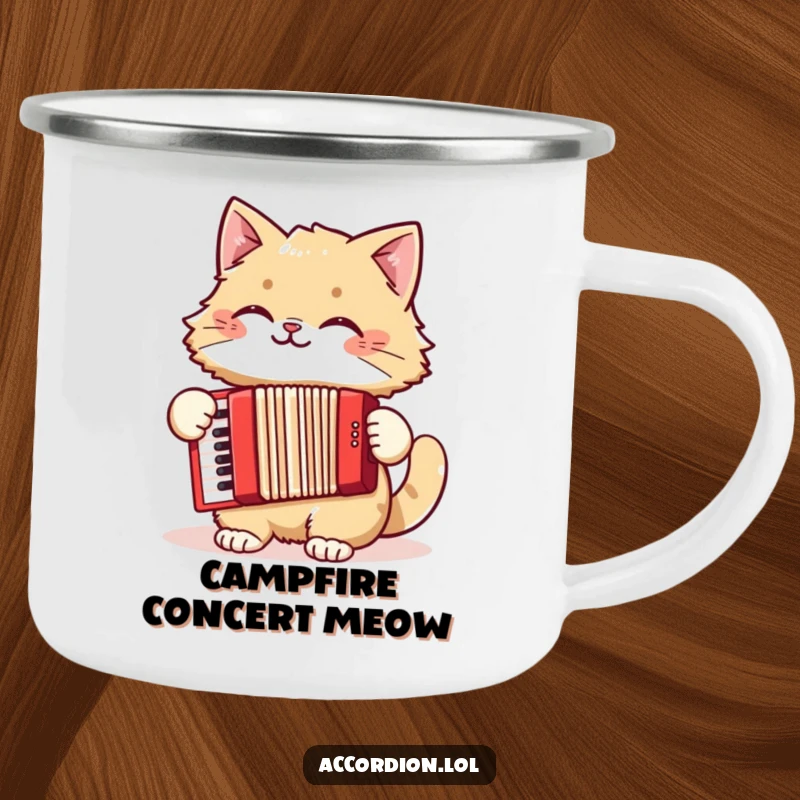 Funny cat camping mug showing a fluffy cat enthusiastically playing a red accordion, perfect for outdoor enthusiasts.