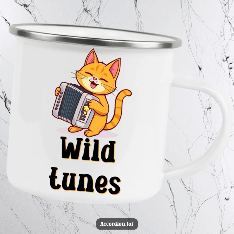 Funny orange cat musician playing a shiny silver accordion on a durable camping mug, ideal for outdoor adventures.