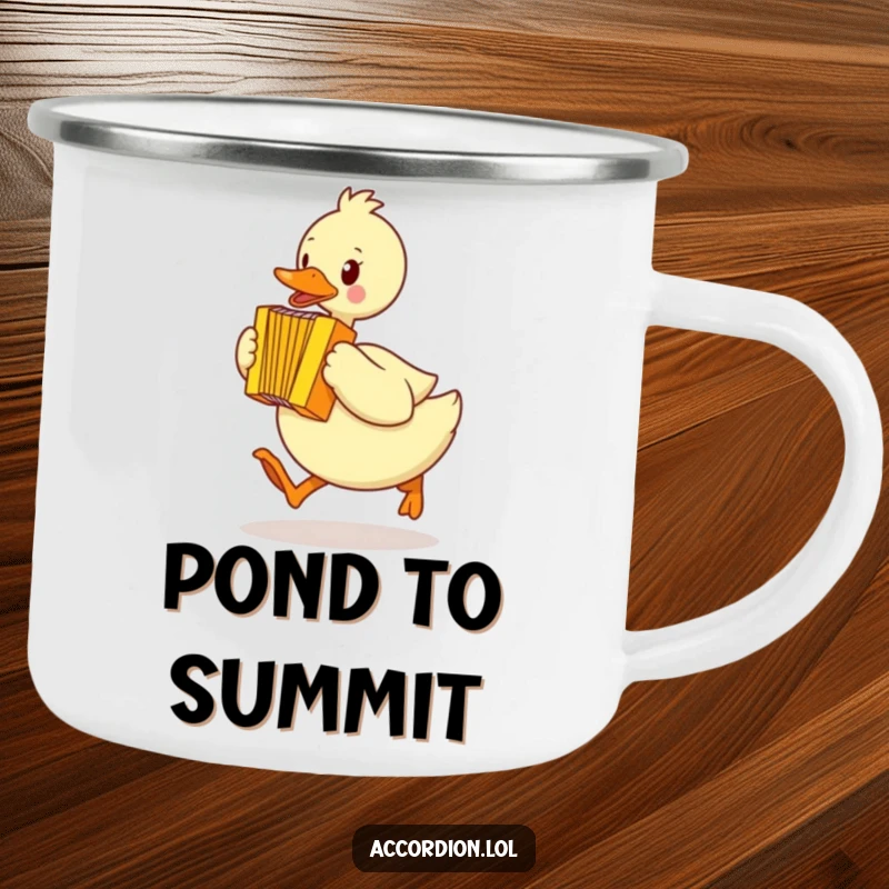 Funny duck camping mug showing a yellow duck waddling quickly mid-hop, playing a bright yellow accordion, perfect for campers.