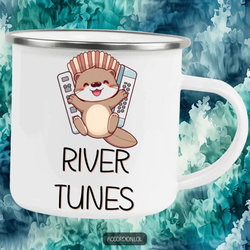 Funny Otter Accordion Camping Mug with a cute otter sliding down a colorful accordion, perfect for outdoor enthusiasts and music fans.