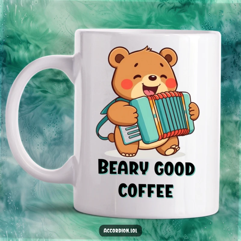 Funny Bear Accordion Mug showing a cheerful bear with a big smile enthusiastically playing an accordion, great for music lovers.