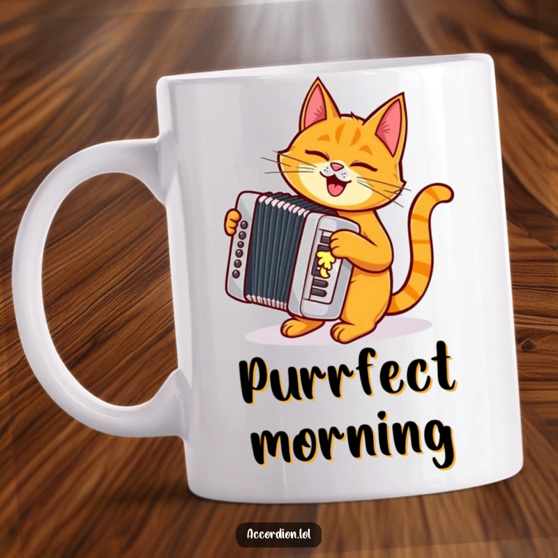 Funny mischievous orange tabby cat character grooving and playing a shiny silver accordion with musical notes.