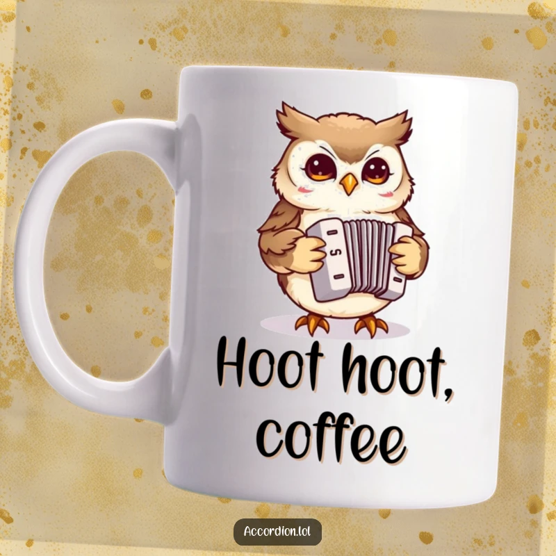 Funny Owl Accordion Mug showing a small owl playfully pecking at a miniature accordion, perfect for bird and music lovers.