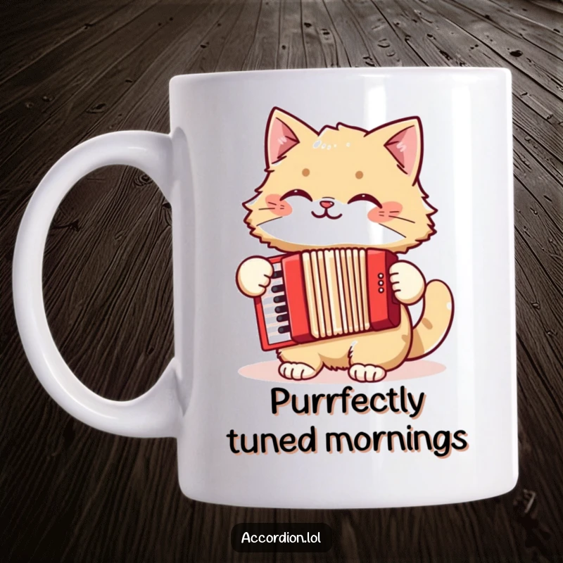 Funny cat mug featuring a fluffy feline enthusiastically playing a red accordion with a huge, cheerful grin, embodying musical joy.