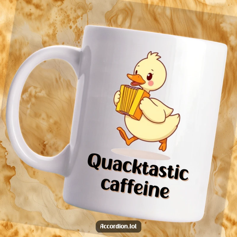 Funny duck mug showing a yellow duck waddling quickly mid-hop while playing a bright yellow accordion energetically.