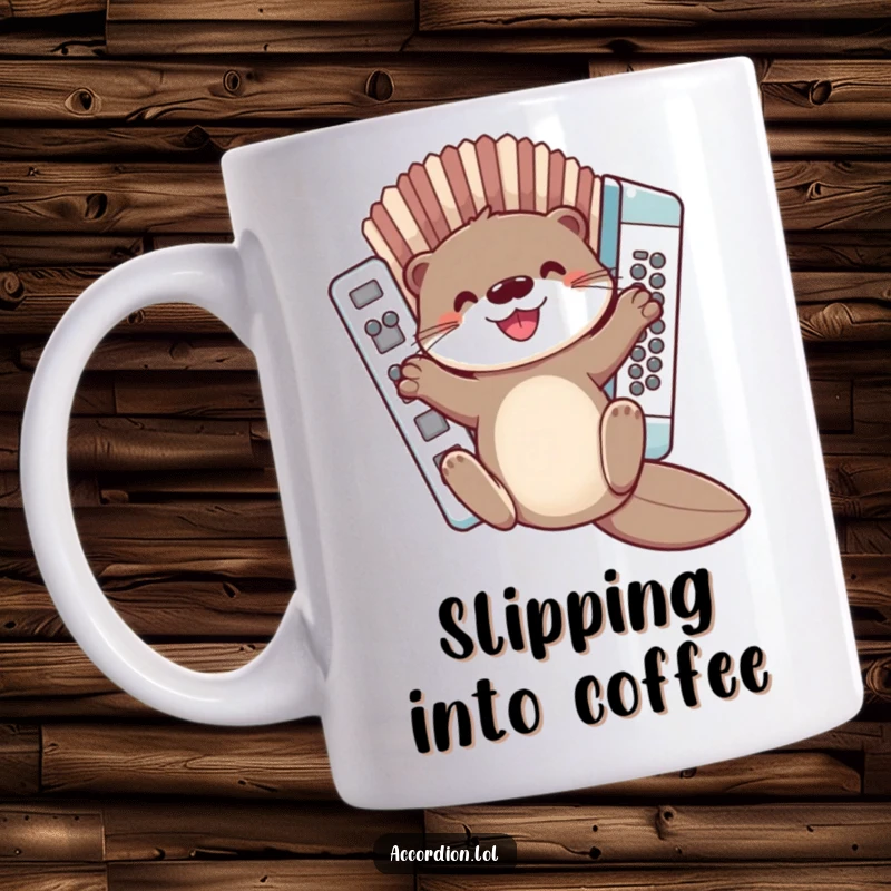 Funny Otter Accordion Mug showing a cute otter sliding down the bellows of a joyous accordion, perfect for music and animal lovers.