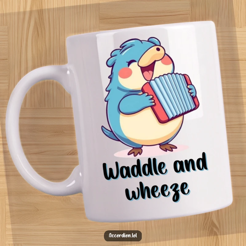 Funny round blue platypus character energetically playing a large, colorful accordion with musical notes floating around.