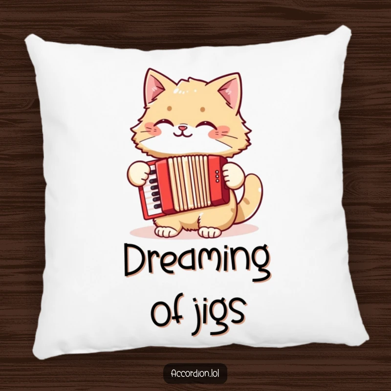 Funny cat pillow showing a fluffy, smiling cat engrossed in playing a red accordion, a symbol of comfort and mirth.