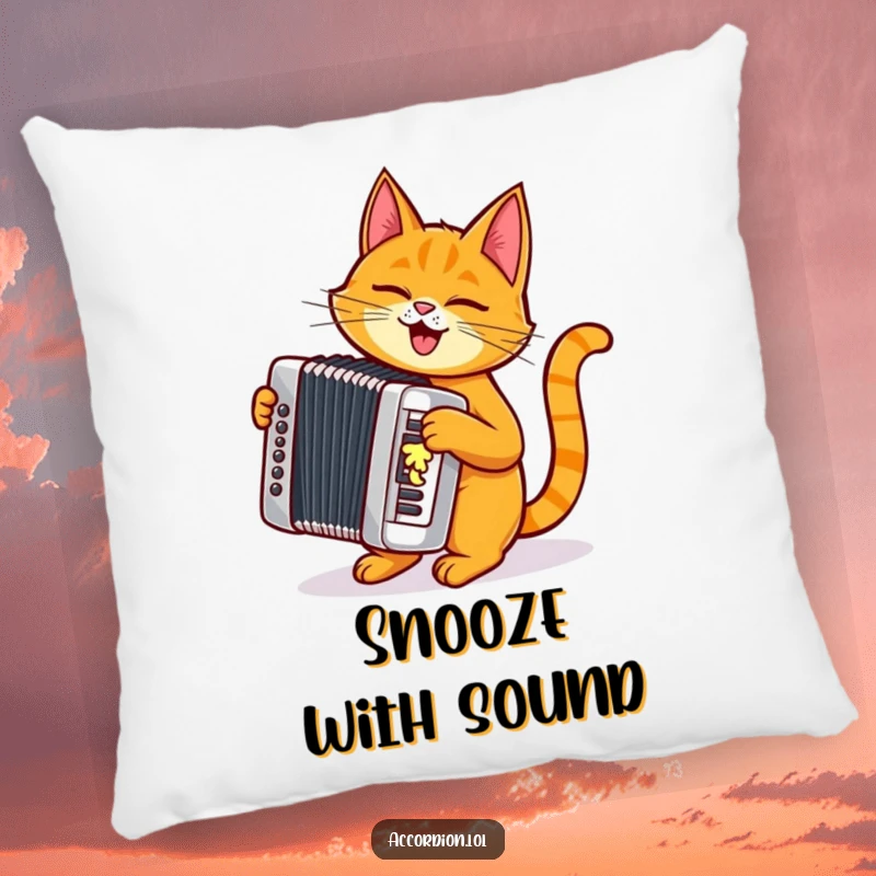 Funny orange cat character is depicted playing a shiny silver accordion on a decorative and comfortable pillow.