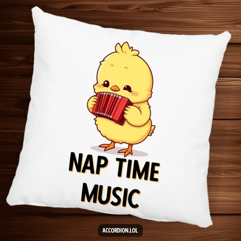 Funny yellow chick character perched on a pillow, happily playing a miniature red accordion, adding musical charm.