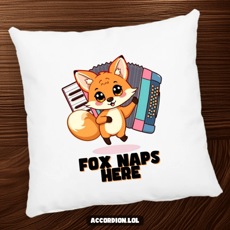 Funny Fox Accordion Pillow showcasing a playful fox dancing around a colorful accordion, perfect for adding comfort and humor.