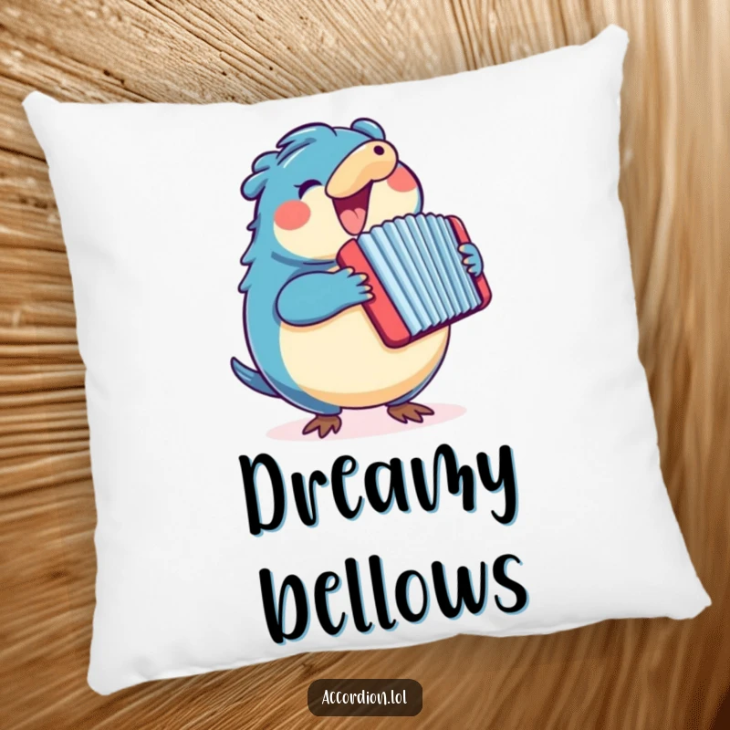Funny blue platypus character is depicted playing a colorful accordion on a decorative and comfortable pillow.
