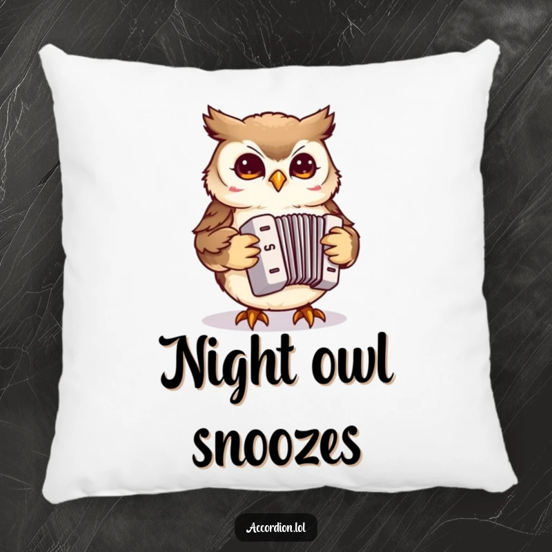 Funny Owl Accordion Pillow showcasing a small owl playing a miniature accordion, perfect for adding comfort and humor to a room.