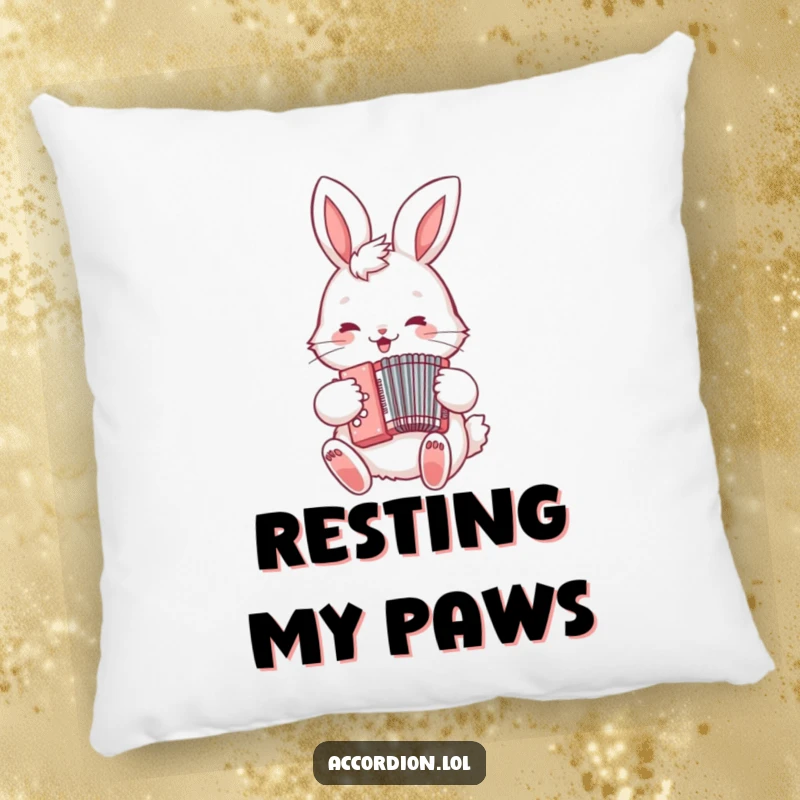 Funny Bunny Accordion Pillow showcasing a fluffy bunny playing a tiny accordion, perfect for adding a touch of humor and comfort.