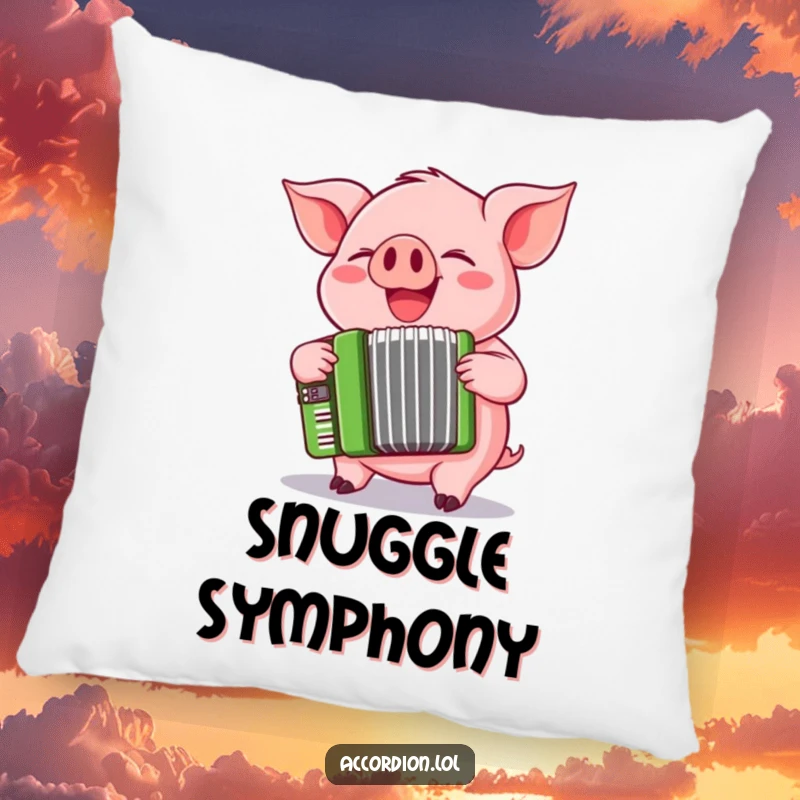 Funny pink pig character is depicted playing a cheerful green accordion on a decorative and comfortable pillow.