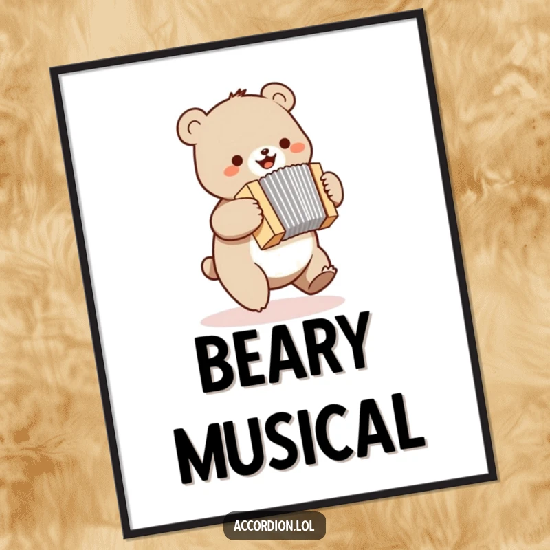 Funny bear digital art print of a small bear bouncing and joyfully playing a miniature accordion, creating a cheerful atmosphere.