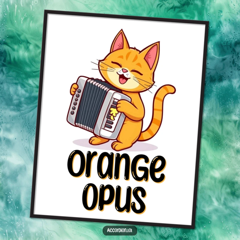 Funny orange cat character rhythmically playing a shiny silver accordion, high-resolution digital art print.