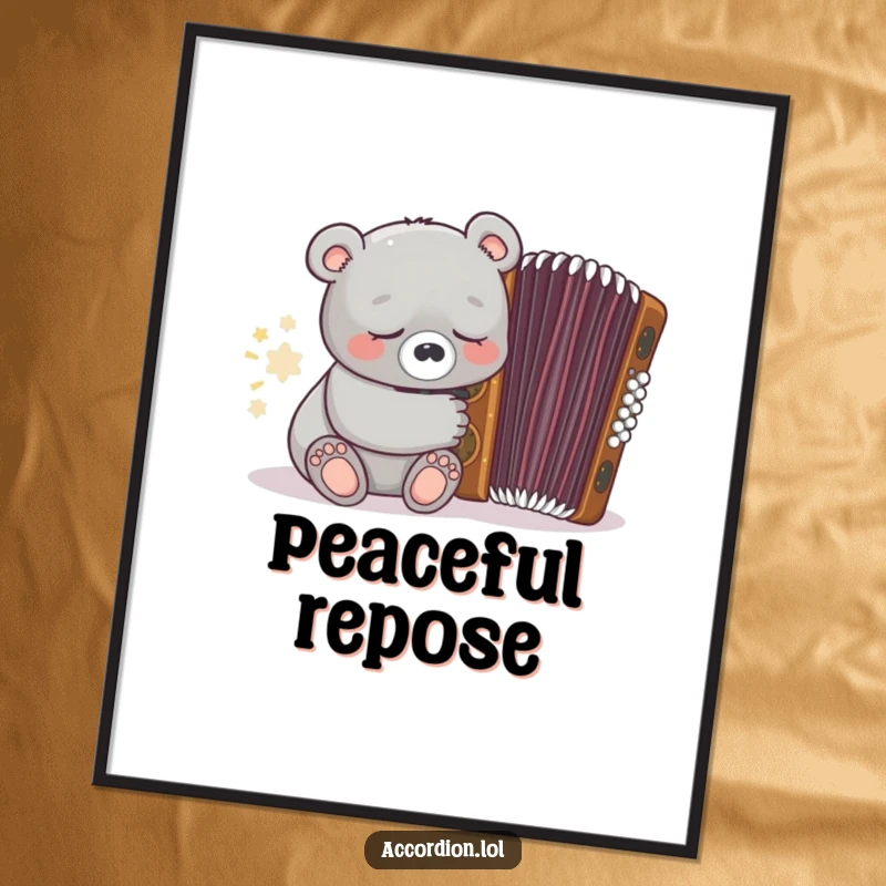 Funny grey bear character peacefully snoozing near an ornate closed brown accordion, high-resolution digital art print.