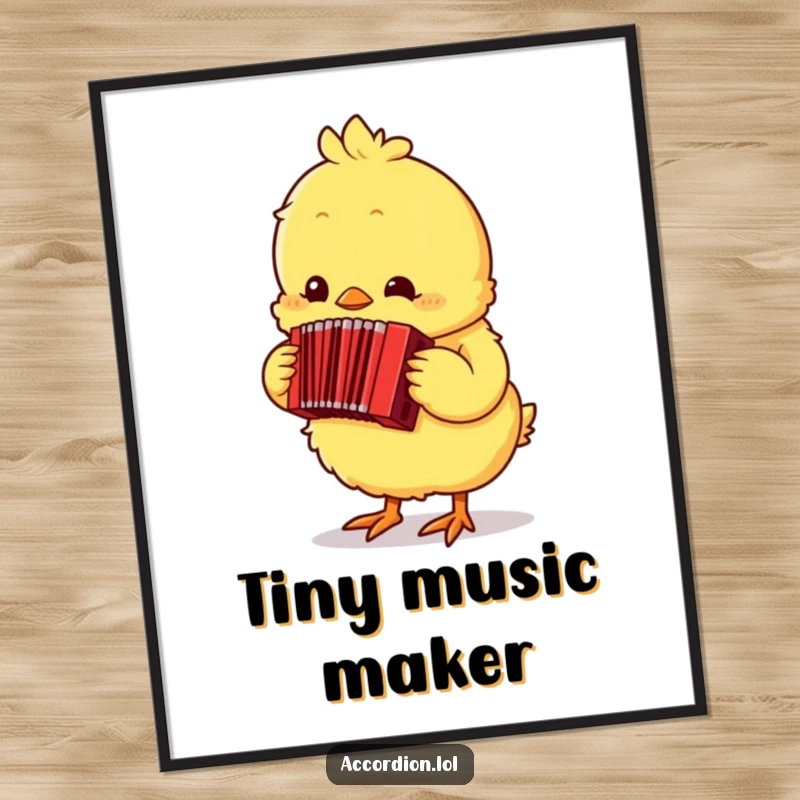 Funny yellow chick happily playing a tiny red accordion, high-resolution digital art print for instant charming decor.
