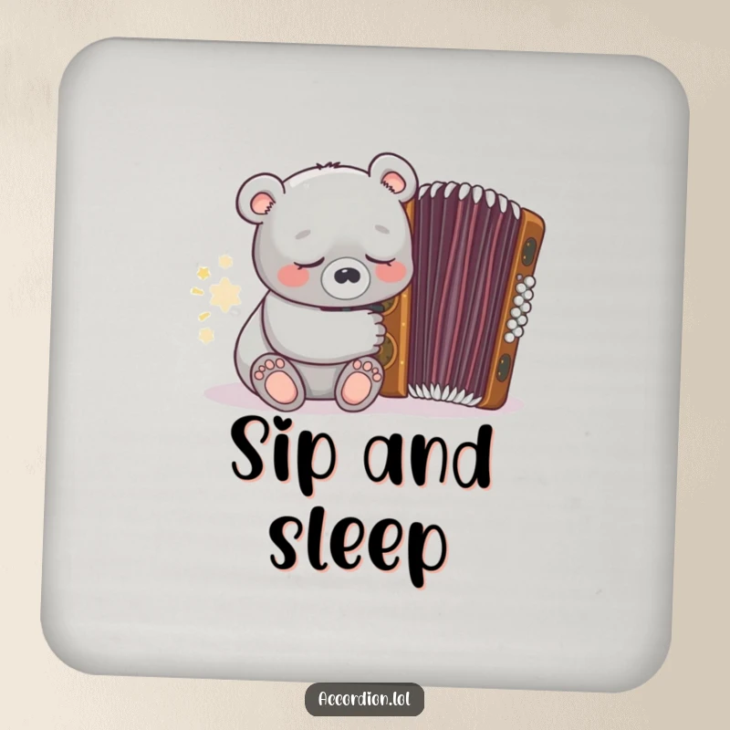Funny grey bear character sleeping near a closed ornate brown accordion, designed as a protective and cute drink coaster.