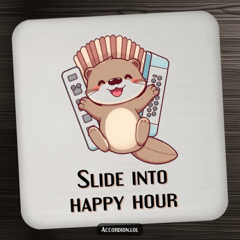 Funny Otter Accordion Coaster featuring a cute otter sliding down a joyous accordion, ideal for protecting surfaces with humor.
