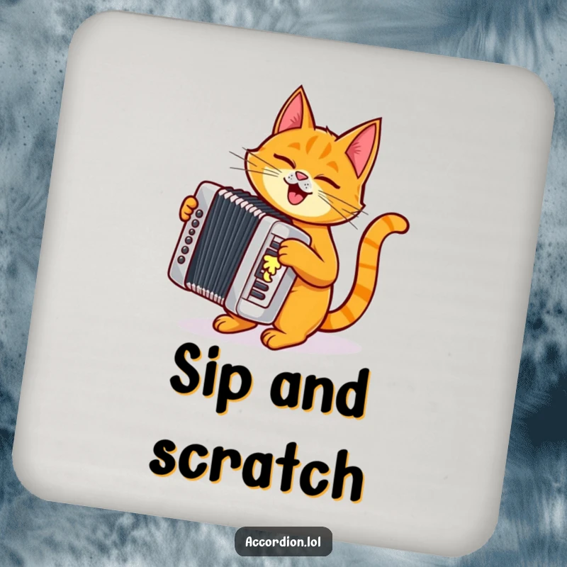 Funny orange cat character playing a shiny silver accordion, designed as a protective and cute drink coaster.
