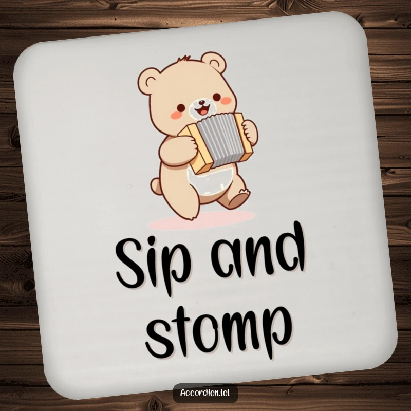 Funny bear coaster showing a small bear bouncing and playing a miniature accordion, adding humor to any drink setting.