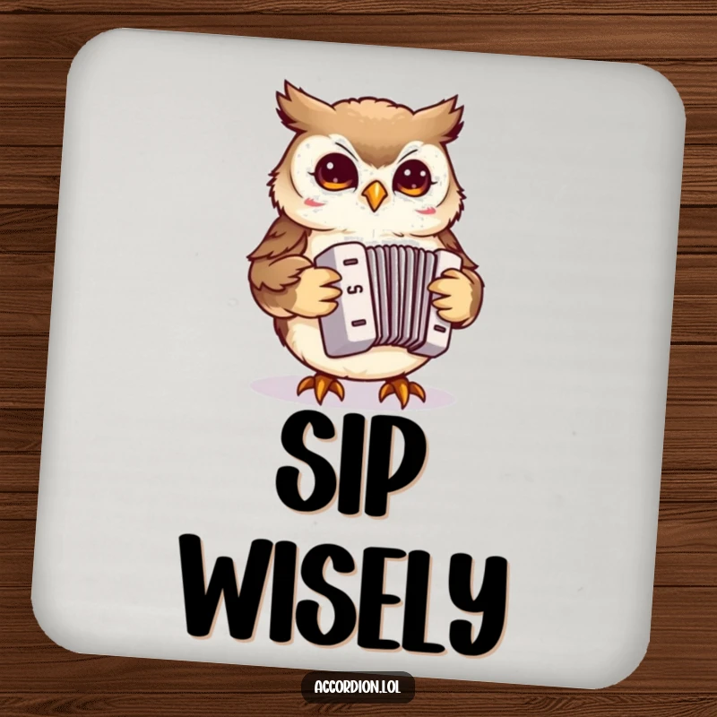 Funny Owl Accordion Coaster featuring a small owl playing a miniature accordion, ideal for protecting surfaces with humor.