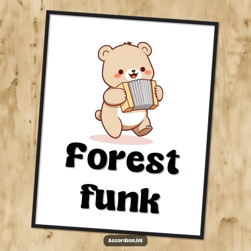 Funny bear poster featuring a small bear in mid-bounce, happily playing a miniature accordion with infectious enthusiasm.