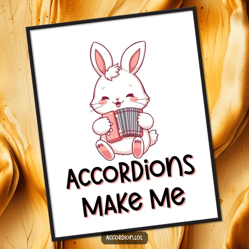 Funny Bunny Accordion Poster depicting a fluffy bunny happily playing a miniature accordion, adding a touch of humor to wall decor.