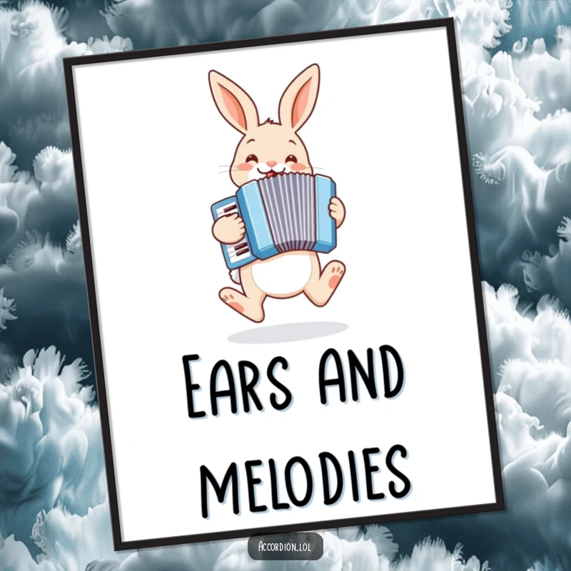 Funny bunny poster featuring a cheerful bunny hopping and enthusiastically playing a pastel blue accordion with pure joy.