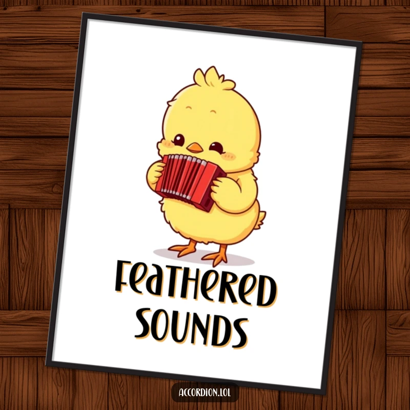 Funny yellow chick happily playing a tiny red accordion, creating a cheerful and musical piece of art for your wall.