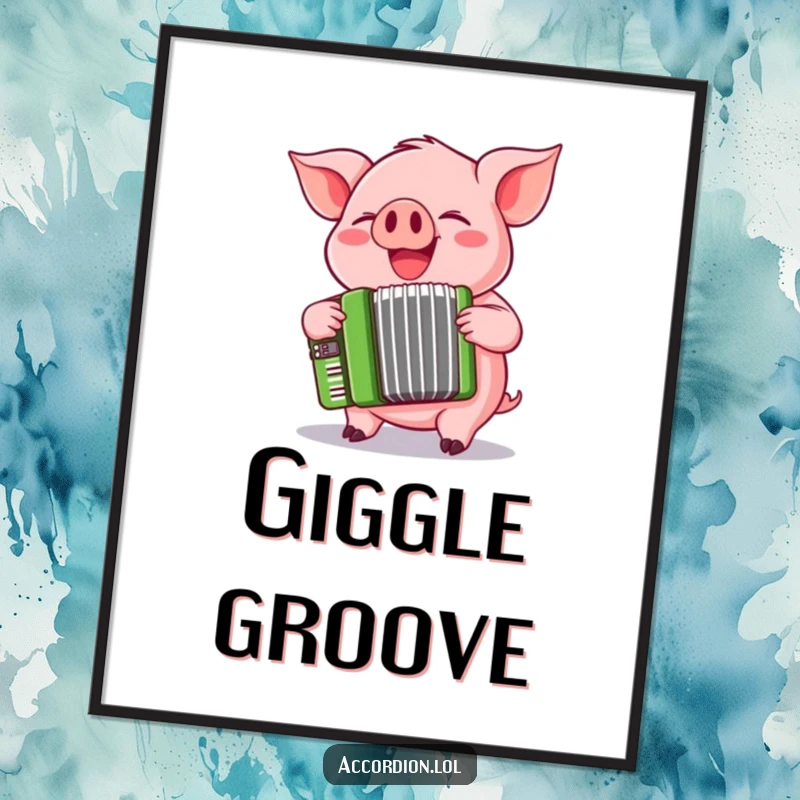 Funny playful pink pig character giggling and squeezing a cheerful green accordion, creating a joyful piece of art.