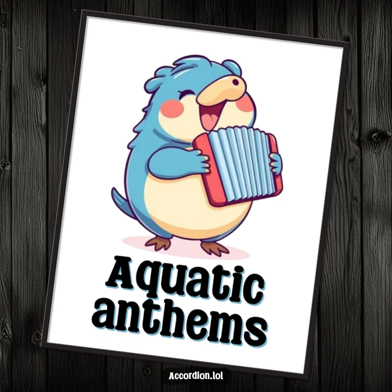 Funny blue platypus character enthusiastically playing a large, colorful accordion, creating a vibrant piece of art.