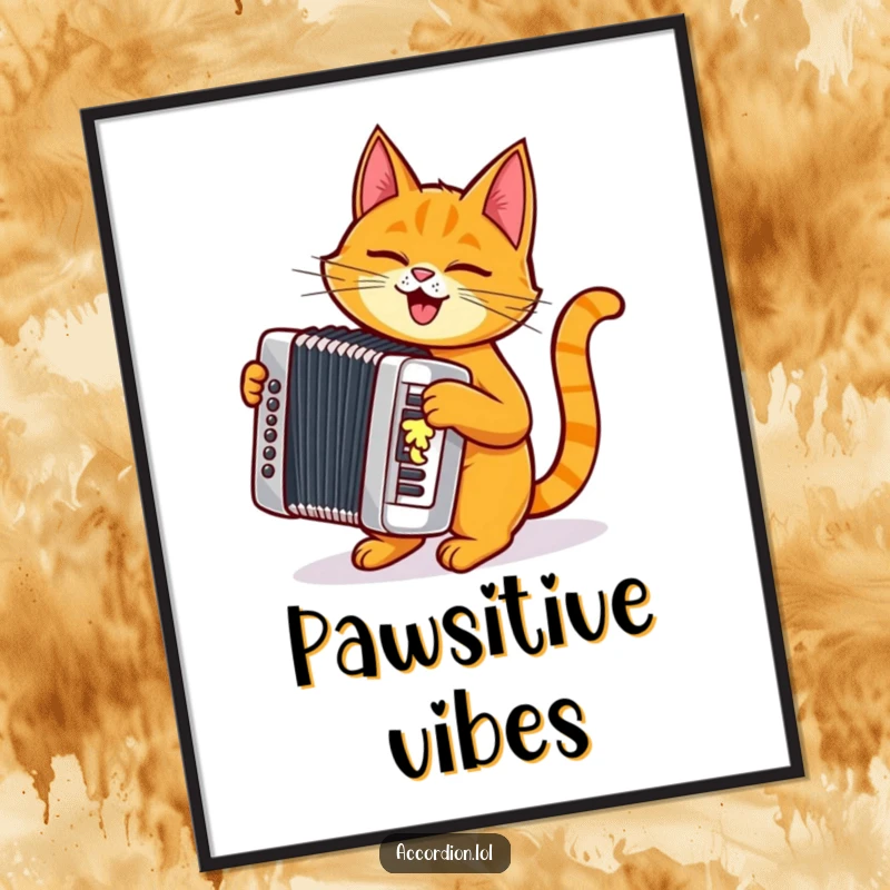 Funny mischievous orange cat character rhythmically playing a shiny silver accordion, creating a cool piece of art.