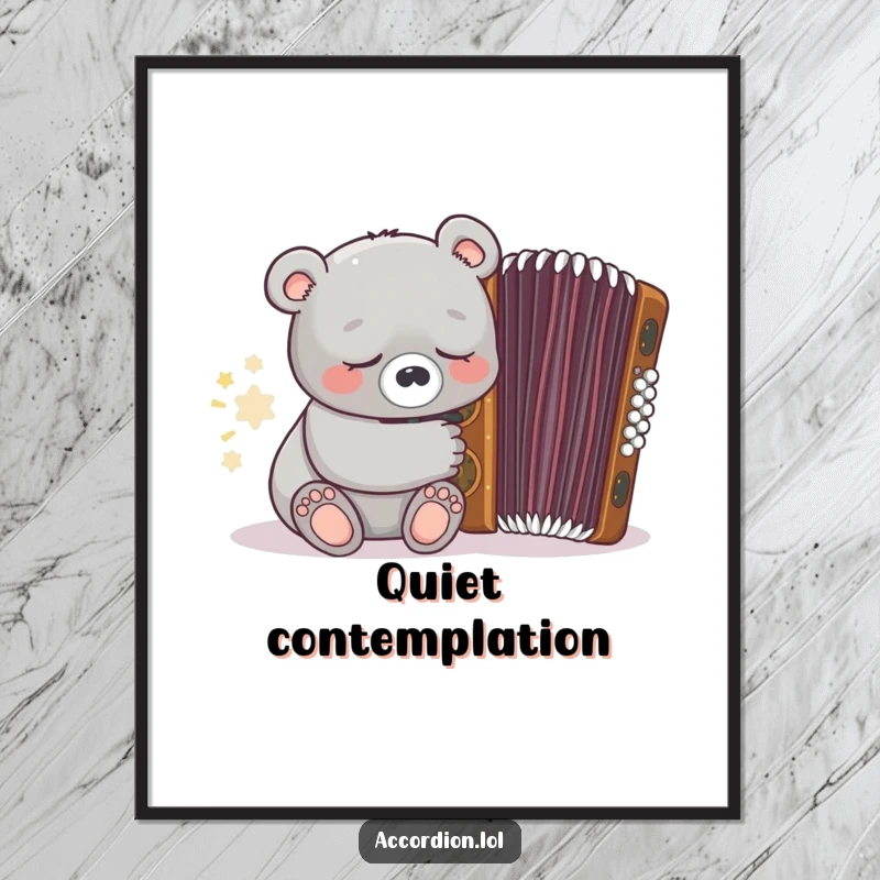 Funny sleepy grey bear character peacefully snoozing near an ornate closed brown accordion, creating a serene art piece.