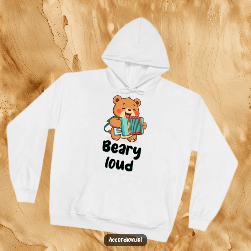 Funny Bear Accordion Hoodie with a cheerful bear playing an accordion, perfect for staying warm and stylish.