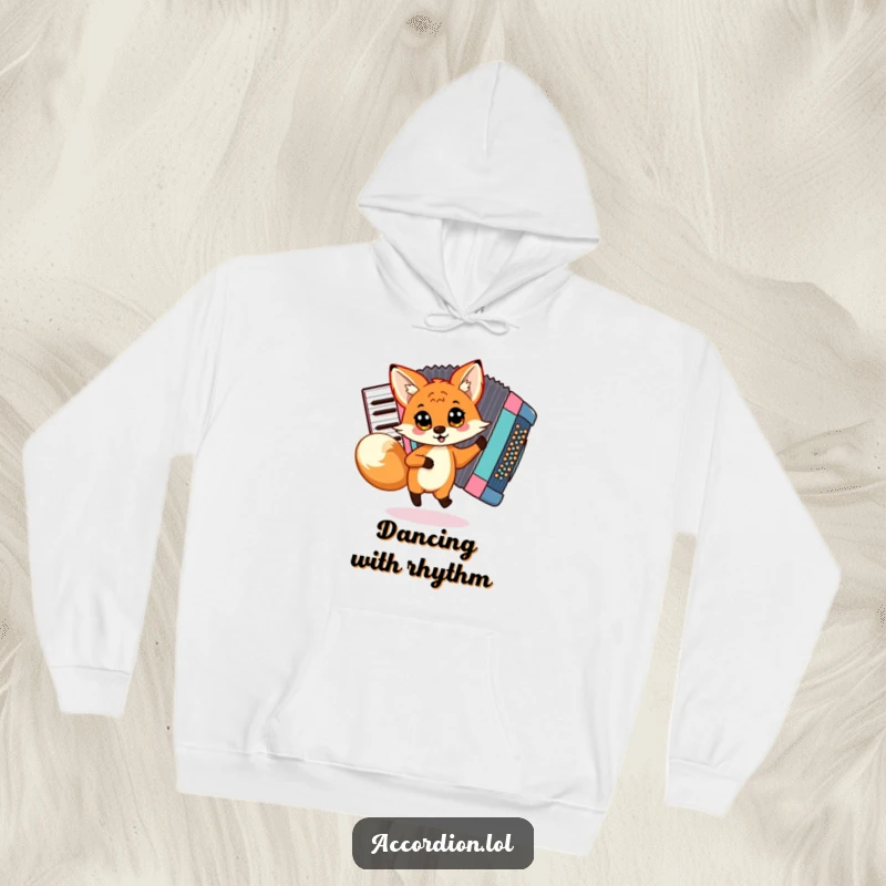 Funny Fox Accordion Hoodie showing a playful fox dancing around a large, colorful accordion, perfect for comfort and humor.