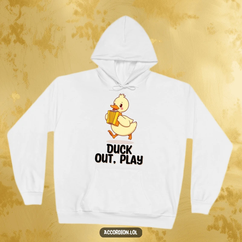 Funny duck hoodie showing a yellow duck waddling quickly while playing a bright yellow accordion mid-hop, full of energy.