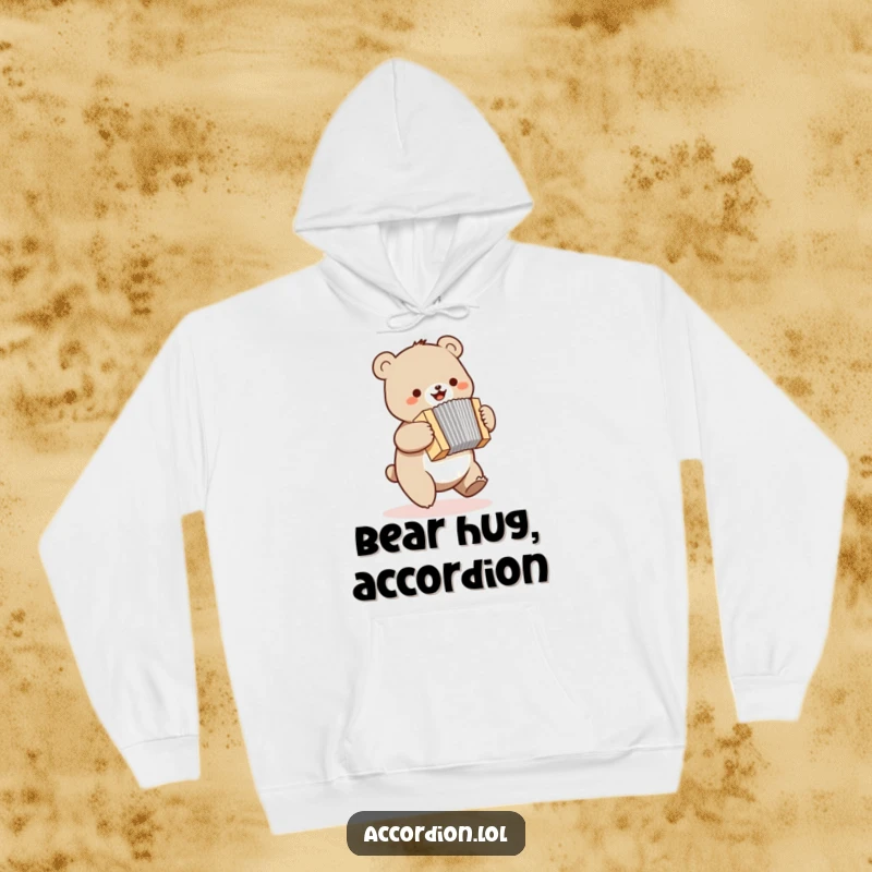 Funny bear hoodie depicting a small bear enthusiastically bouncing and playing a miniature accordion with a joyful expression.