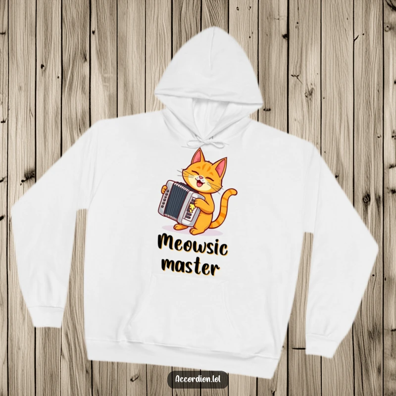 Funny orange cat character wearing a hoodie and playing a shiny silver accordion, designed for cozy musical vibes.
